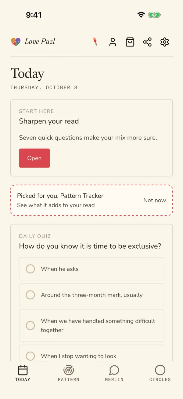 The Today screen in the app with Sharpen your read and a daily quiz